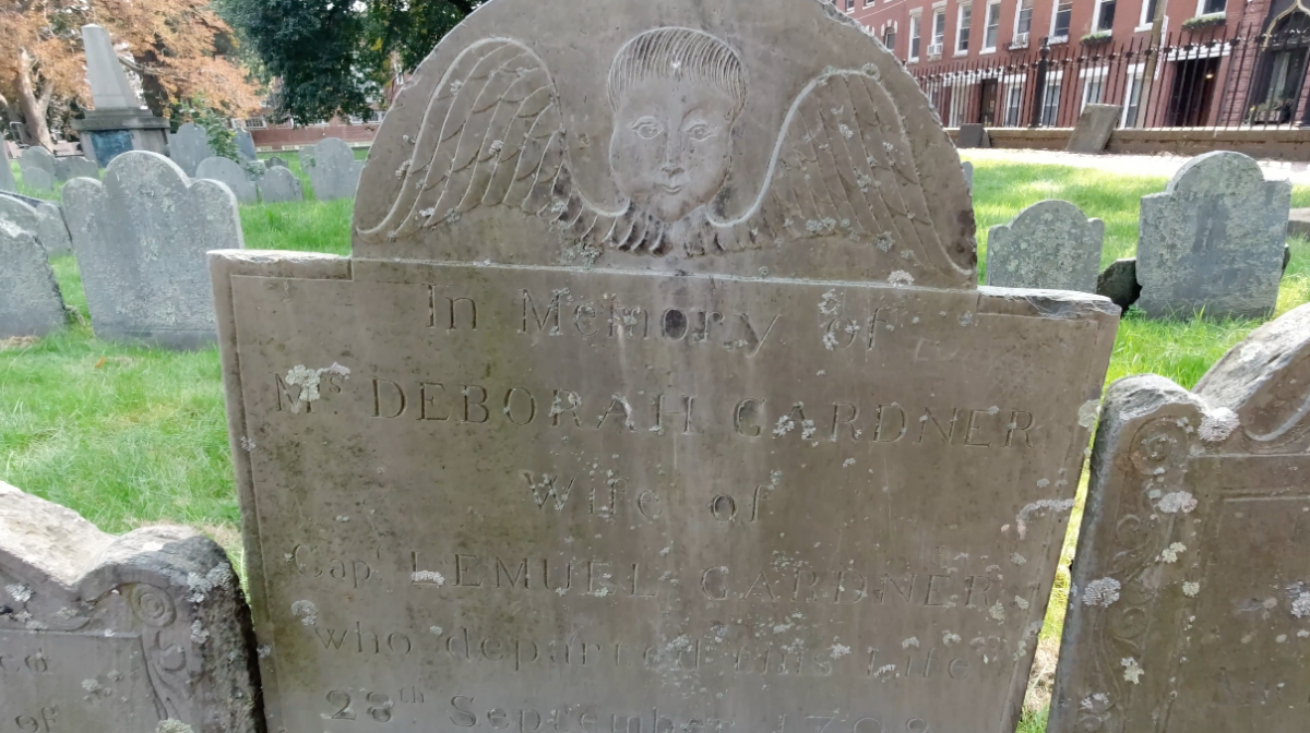 Gravestone of Mrs. Deborah Gardner, wife of Captain Lemuel Gardner, found in the Copp's Hill Burying Ground of Boston. She died in 1792 at age 39.